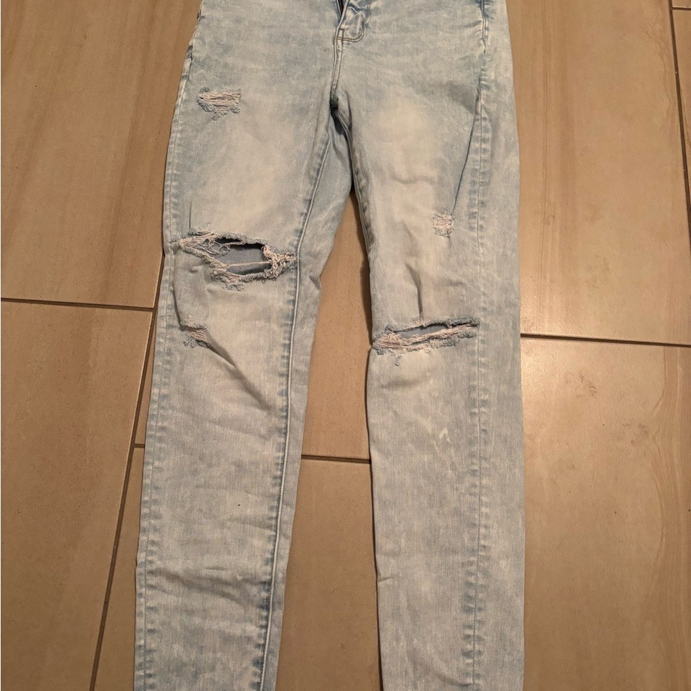 American Eagle Outfitters Blue Skinny Jeans with Distressed Details
